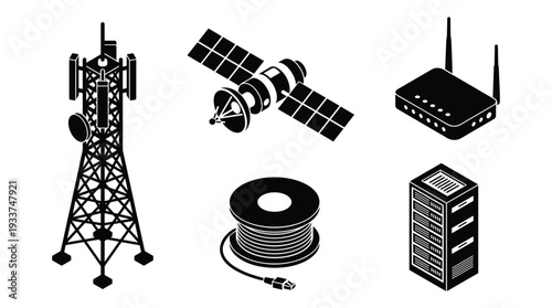 Communication technology objects isometric set cell tower satellite router cable server
