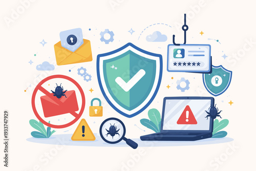 Cybersecurity and Anti-Malware Concept Illustration Featuring Shield, Laptop, Magnifying Glass, and Phishing Hook. Flat Vector Design for Data Protection, Spam Filtering, and Network Security.