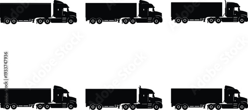 A set of six black silhouette semi-trailer trucks, presented in profile view on a plain white background.