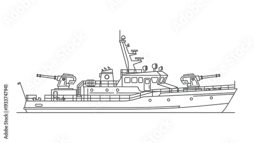 Warship illustration: A meticulously drawn illustration showcases a formidable warship, complete with its weaponry, navigation systems, and structural details.