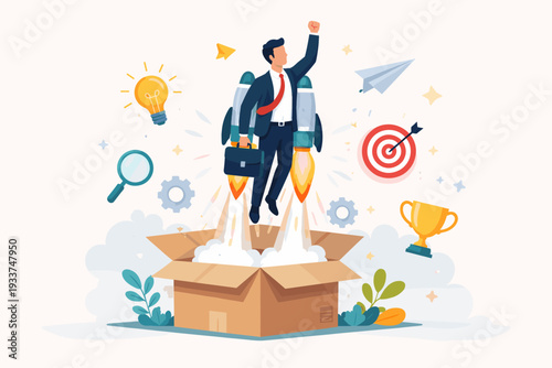 Businessman flying out of a cardboard box with a jetpack, symbolizing innovation, creativity, and thinking outside the box for business growth, success, leadership, and new creative solutions.