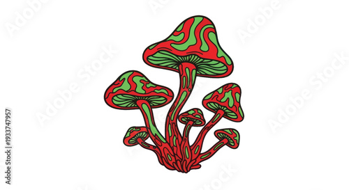 Psychedelic Mushroom Illustration - Swirled Red and Green Caps