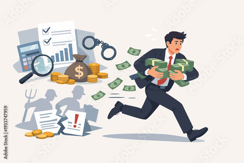 Businessman running with cash stacks representing tax evasion, financial fraud, and money laundering, illegal revenue hiding, corporate corruption, and escaping government tax investigation.