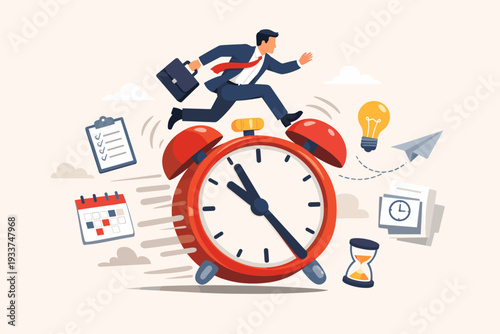 Businessman Running on Giant Alarm Clock for Time Management and Work Productivity. Concept of Efficiency, Meeting Deadlines, and Business Success with Checklist, Calendar, and Idea Icons.