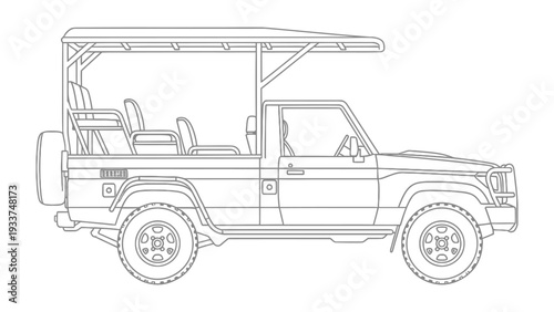 Safari Vehicle Line Art: An expertly detailed line art illustration of a rugged safari vehicle, designed for adventure and exploration, ready to traverse any terrain.
