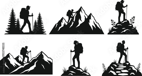 Silhouette of hikers climbing mountains with backpack and trekking poles, outdoor adventure vector illustration set isolated on white background