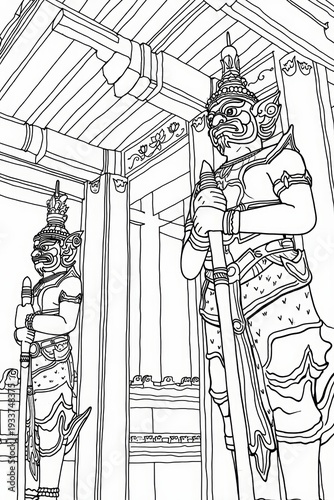 Line Art of Giant Guardians at a Thai Temple Entrance
