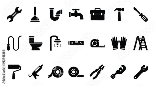 Plumbing tools icon set home maintenance equipment black silhouettes professional