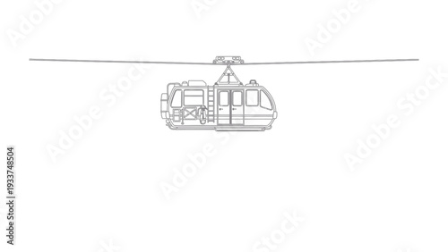 Cable Car Transit: A minimalist, high-angle view captures a sleek cable car suspended mid-air, traversing an unseen route with a modern architectural aesthetic.