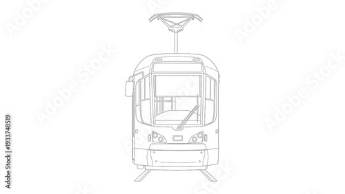 Tram's Detailed Blueprint: A precise outline of a tram, showcasing intricate engineering details. Perfect for technical illustrations and urban transit themes.