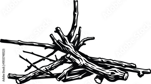 Pile of dry wooden branches and twigs for campfire black silhouette vector image