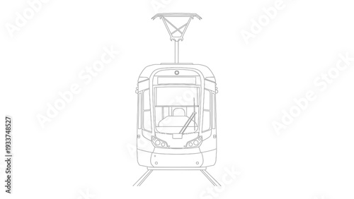 Urban Transport Illustration: A minimalist line drawing captures a tram with meticulous detail, poised on its tracks, ready for its next journey in a bustling urban environment.