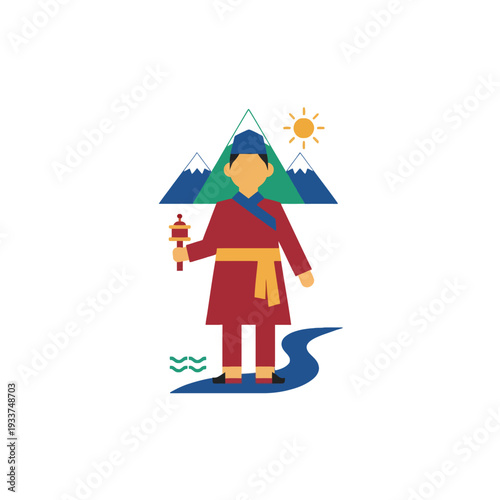 Tibetan Monk with Prayer Wheel Mountains and River Flat Icon