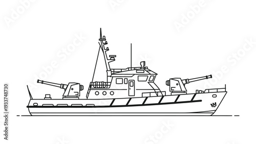 Line Drawing of Military Vessel: A detailed line drawing showcases a military vessel, highlighting its design and weaponry with precision.