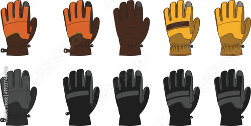 Winter protective gloves collection vector illustration featuring leather and thermal hand gloves isolated on white background apparel design set