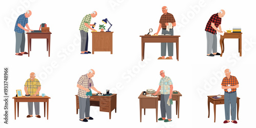 Senior man engaged in various daily domestic routines and chores, cleaning and organizing his home environment with care and attention.