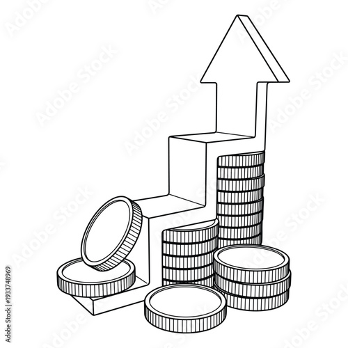Financial growth chart with stacks of coins and upward pointing arrow line art