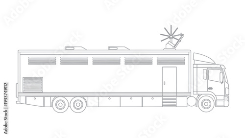 Mobile Communication Truck: A detailed side profile of a high-tech mobile communication truck, designed to facilitate efficient and rapid data transmission in remote areas.