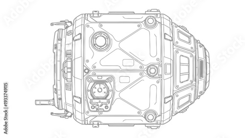Futuristic Industrial Component: A detailed top-down view of a complex, futuristic industrial component, showcasing intricate designs and mechanical elements.