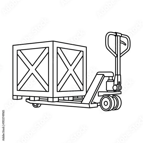 Pallet jack lifting large wooden crate with cross details on transparent background