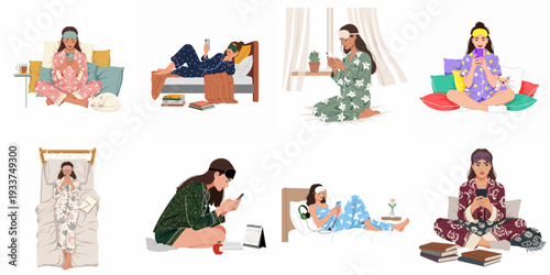 Collection of diverse women relaxing in pajamas and sleep masks, enjoying leisure time at home while using mobile phones and digital devices.