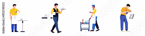Illustration of male service staff performing various duties like serving coffee, taking orders, and checking time in hospitality settings.