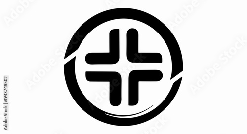 Black Logo with Cross Symbol Inside Circle.