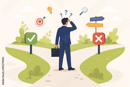 Businessman standing at a fork in the road making a career path decision, choosing between right and wrong directions with icons of lightbulb, target, and magnifying glass for business strategy.