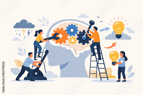 Change Mindset and Attitude Concept with People Working on Human Brain Gears. Mental Health, Cognitive Therapy, Personal Development, Creative Thinking Process, and Problem Solving Illustration.