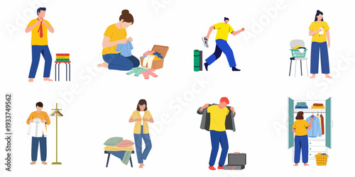 Illustrations depicting people engaged in various daily clothing activities: dressing, packing, laundry, and wardrobe organization.