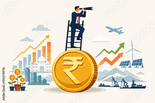Indian Economic Vision Concept with Businessman Looking Through Telescope on Rupee Coin for Stock Market Forecast, Financial Growth, Investment Opportunities, and National Development Strategy