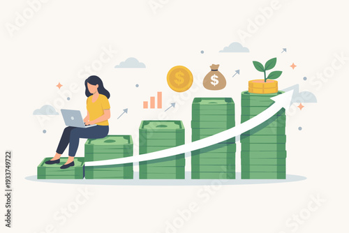 Woman using laptop sitting on increasing stacks of cash, financial growth, investment success, salary raise, wealth accumulation, profit revenue rising, business development and savings concept.