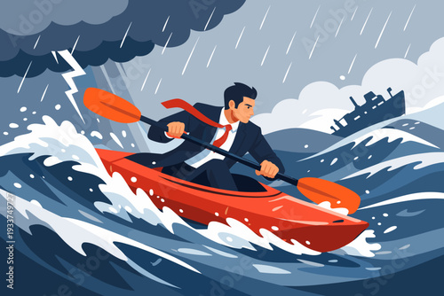 Businessman in a suit kayaking through a stormy sea with lightning and big waves, representing leadership, crisis management, and overcoming business challenges to survive in a difficult market.