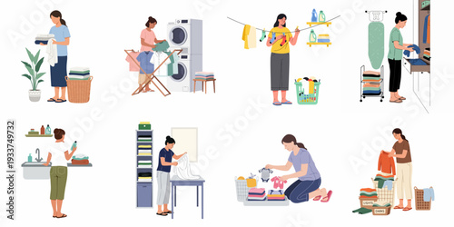 Women performing various laundry tasks: washing, drying, folding, sorting, and storing clothes, depicting household chores and garment care routines.