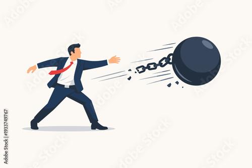 Businessman throwing a heavy iron ball with a broken chain, representing breaking free from debt and financial burdens. Concept of money management, liberation, and business success. Flat vector.