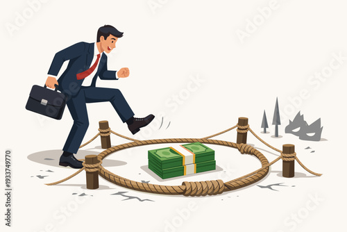 Businessman Walking into a Rope Trap with Cash Bait, Concept of Financial Fraud, Investment Scam, Greed and Risk, Deception in Business, Dangerous Money Trap for Unsuspecting Victim Illustration