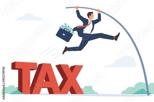 Businessman Pole Vaulting Over Large Red Tax Word Obstacle Carrying Briefcase Full of Money, Concept of Overcoming Financial Challenges, Tax Planning, Wealth Management, and Business Success