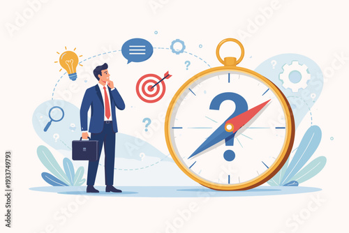 Businessman standing next to a giant compass with a question mark, representing strategic planning, finding direction, problem solving, and seeking innovative solutions in business environment.