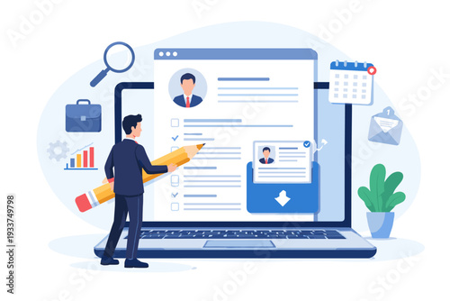 Businessman filling out online job application form on laptop screen, career recruitment, resume submission, employment search, human resources, hiring process flat vector illustration.