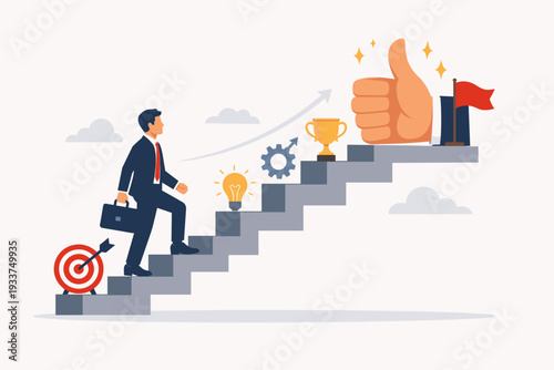 Businessman climbing stairs to reach success and career achievement. Illustration of a professional man moving up the ladder of success with target, idea, gear, trophy, and thumbs up symbols.