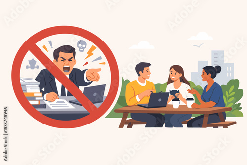 Toxic Boss and Bad Work Environment Concept with Angry Manager Shouting at Employee vs Positive Collaborative Teamwork in Outdoor Park Setting, Healthy Workplace Culture and Mental Health