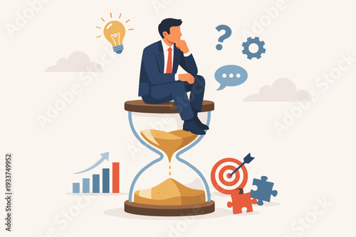 Businessman Sitting on Hourglass Thinking About Creative Business Solutions, Problem Solving, Decision Making, Time Management, Strategic Planning, Goal Setting and Innovation Concept Vector