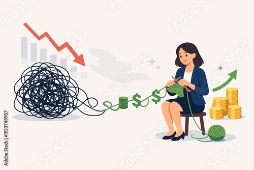 Businesswoman Knitting Profit from Chaos and Market Crash, Turning Financial Crisis into Opportunity with Creative Problem Solving, Optimistic Strategy for Growth in Economic Uncertainty
