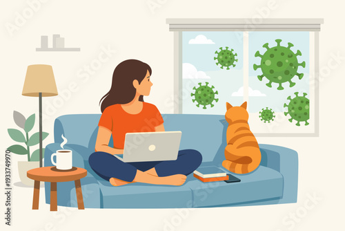 Woman working from home on laptop sitting on sofa with cat during COVID-19 pandemic, social distancing and quarantine concept with virus symbols outside window, remote work and stay home safety.