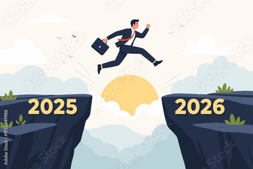 Businessman in Suit Jumping from 2025 to 2026 Cliff Over a Gap with Rising Sun Background, Concept for New Year Success, Business Growth, Future Opportunity, Overcoming Challenges and Progress.
