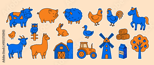 Farm Animals and Elements Illustration: a vibrant illustration showcasing a charming farm scene filled with a variety of animals and essential elements.