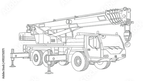 Engineering Marvel: A detailed outline of a powerful crane truck showcases intricate machinery and structural elements, highlighting its strength and industrial prowess.