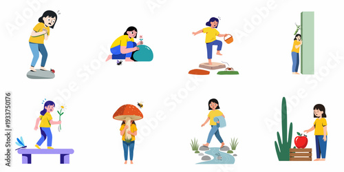 A collection of illustrations showing a girl's varied reactions and interactions with insects and elements of nature.