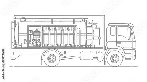 Fuel Transport Truck Diagram: A detailed, technical illustration showcases the inner workings of a fuel transport truck. The image highlights the mechanical components.