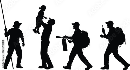 Silhouettes Set of Professional Photographer Equipment, Video Production Gear, Superhero Kids, Martial Arts Poses, Princesses, Musicians, and Creative Career Character Icons.